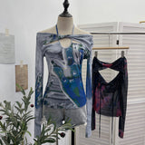 Spice Girls Slapout Twisted Kinesi Hanging Neck Mesh Printing Unique Design Long-Sleeved T-Shirt Embanded Backclothed 2772