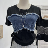 Fake Two Denim Hair Side Spliced Short-Sleeved T-Shirt Side-Swaist Lace With Short Repair Body Coat 26302