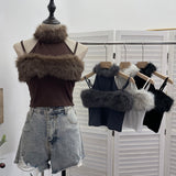 Small Version Of The Tight Hair Hanging Neck Splicing Sling Sling Vest Hottie Sexy Short Sleeveless Top 2800