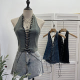 Real Shoot Water Wash Denim Front Open Lashing Neck Bare Back Small Sling Vest Deep V Spice Girls Short Blouse 2852