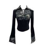 Real Shoot Babes Camouflage Splicing Polo Collar Shirt With Hollow Design Sense Short Long-Sleeved Top 1360