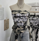 Real Shooting Hottie Camouflage Letter Print Chest Vest With Chest Pad Irregular Ribbon Short Top 8088