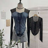 Sexy Square Collar Mesh Spliced Denim Strapped Belted Blouse Design With A Short T-Shirt 2230