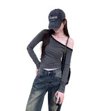 2026 Early Spring Hottie Slanted Shoulder Design Gray Striped Long-Sleeved T-Shirt Women In Early Autumn To Play Bottom Shirt