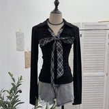 Real Shoot Spice Girls V-Neck Bow Tie With Long-Sleeved T-Shirt Slime Thin Velvet T-Shirt 1387