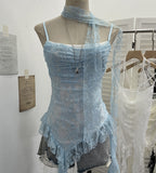 Real-Shooting Lace Splicing Irregular Lotus Leaf Edge Ribbon Sling Vest Round Neck Sexy Sleeveless Top 1218