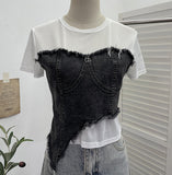 Solid Shooting Denim Splicing Mesh Yarn Short-Sleeved T-Shirt Summer Dress Irregularly Short High-Waist Repair Body Coat 26171