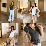Super-Good-Looking Cotton Pocket Button V-Neck Short-Sleeved T-Shirt For Women's Summer 2026 New Popular Explosive Tops This Year