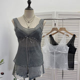 Pictonic Tau Tuft Tulle V-Neck Sling Vest Folded With Bows Short Top Female 6185