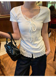 Design-Sensitive White Lace V-Neck Front Shoulder Short-Sleeved T-Shirt For Women's Summer New Slim Design With A Slim Unique Top