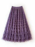 Lotus-Leaf Yarn Skirt Fairy Dress Girl 2025 Summer Slim Dress High-Waist A-Shaped Mesh Cake Skirt