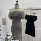 Real Shooting Hottie Shoulder Hair Spliced Deer Skin Velvet Tector Tan Dress Folded Ass And Hip Skirt 8878