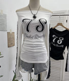 Spice Girl Sports Wind One-Word Shoulder Printed Lace Long Sleeve T-Shirt 1291