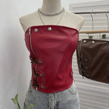 Real Shot PU Leather Wrap Chest Blouse Rock Locomotive Punk With Chest Cushion Heavy Metal Buckle Corset 2782