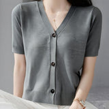 2026 Summer New Temperament Short-Sleeved Knitted Cardigan V-Neck Thin Bottom Thin Top Woman