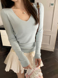 Gray V-Neck Bottom Shirt Women's New Tattoo Sweater Wearing Long-Sleeved Knitting Spring And Autumn Blouse