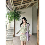 Early Spring, The Beautiful Korean Wearing A Set Of Green Floral Slingge Vest Dress Set Women 2026 New
