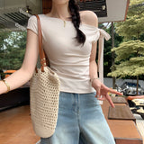 French Unique Beautiful Bow Tie With Slanted Shoulder Short-Sleeved T-Shirt For Women 2025 New Dress-Up Short Top