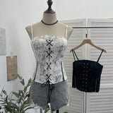 Punk Dizzling Print With Chest Pads With Rope Tie Slings Zipper Open Fork Short Top 6230