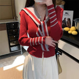 French High-End Butterfly Buckle Navy Collar Collar Threfum Sweater Women's Autumn And Winter 2026 Design Sense Of Small Knitted Cardigan