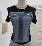 Unique Splicing Denim T-Shirt Girl Summer New Design Sense Short Fake Two-Piece Top Tide 8925
