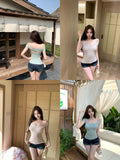 Pure Lustful Windy U-Necked Short-Sleeved T-Shirt Girl 2026 Summer Elastic Repair With Chest Cushions Thin Waist Green Top