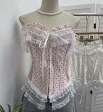 Real Shooting Retro Wave Point Splicing Lace Lace Bra Waist Sexy Short Sleeveless Hook Buckle Top 2825