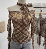 Real-Patting Mesh Lattice Letter Print Word Collar Shoulder Long-Sleeved T-Shirt Y2k Ribbon Over The Spice Girl Blouse 8072
