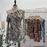 Slanted Shoulder Lotus Leaf Collar Long-Sleeved Mesh Printing Tops Irregular Hem Bottom T-Shirt 8061