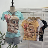 Rabbit Print Wave Point Double-Layer Mesh Yarn Short-Sleeved T-Shirt Girl Summer Hottie Fake Two Thin Tops 1591