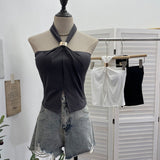 French Hanging Neck Sling Vest With Chest Pad Open Fork Short Bramped Stairless Top 9286