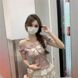One-Word Shoulder Knitted T-Shirt Women's Short-Sleeved Summer French Bow Irregularly Repaired Waist Short-Scared Shawl