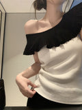 French High-End Lotus Leaf Side Shoulder Short-Sleeved Knitted Shirt Women 2026 Summer New Design Sense On The Dress