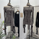 The Dark Waste Soil Wind Makes The Old Hole Hanging Shoulder Hanging With Long Sleeves Irregularly Open Fork T-Shirt Skirt 9295