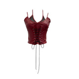 Real Shooting Locomotive Punk Pu Splicing Fishing Net Hanging Neck Sling Vest Babes Wearing Rope Repair Short Blouse 8106