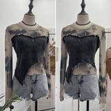 Vintage Dye Mesh Spliced Denim Shoulder Long-Sleeved T-Shirt T-Shirt T-Shirt Dress 2617