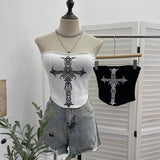 Thorn Cross Print Chest Vest Sling Female With Chest Cushions Anti-Slip Strip Short Babes Top 1298