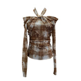 Heavy Industry Hanging Neck Long Sleeve Top Women's Autumn Dress Screen Printing Folds Repair Word Shoulder Bottom T-Shirt 8060