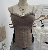 Real Shoot Babes Y2k Lace With Chest Cushion Splicing Sling Sling Back Zipper Short Top Lady 6228