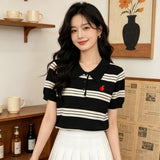 Vintage Style Stripe Polo Collar New British Style Summer Short-Sleeved Knitted Shirt Women's Casual Soft-Chamed Top