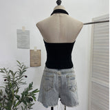 Real Shot With Chest Pad Hanging Neck With Metal Buckle Sling Vest Women Short Knitted Sleeveless Top 9293