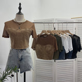 2025 Summer Denim Splicing Mesh Yarn Short-Sleeved T-Shirt Design Fake Two Hot Girl Short Top 26231