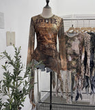 Real Shooting Babes Long Sleeves And Jersey Net Yarn Dye Printing Irregular Lotus Leaf Edge Ribbon Folding Top 9998
