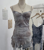 Real Shooting Thrombial Rivet Sling Skirt Design Lotus Side Ribbon Ribbon Vest Dye Net Yarn Sleeveless Top Lady 1275
