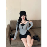Pure Hot Girl Sexy Hanging Neck Top Girl Autumn And Winter Holiday Two Long-Sleeved T-Shirt High-End Lace Bottom Shirt