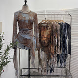 Real Shooting Babes Long Sleeves And Jersey Net Yarn Dye Printing Irregular Lotus Leaf Edge Ribbon Folding Top 9998