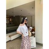 Real Shot A Word Shoulder Slant Shoulder Waist White Short-Sleeved T-Shirt Women's Summer 2026 New Pure Desire Design Sense Short Top