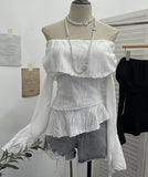 The Ballet Style Shoulder Fold Texture Texture Coat Irregularly Ribbon Horn Sleeve Short Shirt 1158