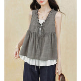 Lace Splicing Fake Two Plaid Sleeveless Vest Shirt Women Summer Lotus Edge Bow Tied With Loose Top