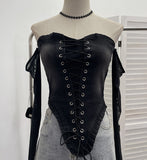 Hottie Sexy Tset Blouse Irregular Cowboy Splicing Mesh Yarn Tie With Short T-Shirt 6105